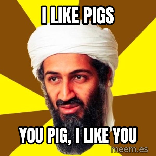 Osama meme: i like pigs / you pig, i like you
