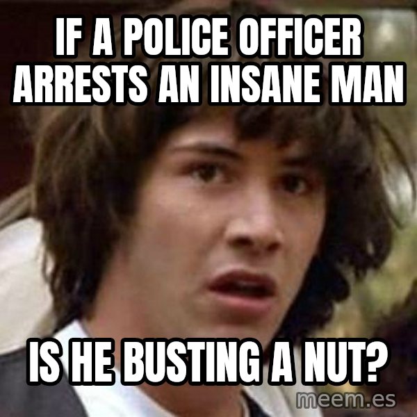 Conspiracy Keanu meme: If a police officer arrests an insane man / Is he busting a nut?