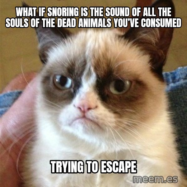 Grumpy Cat  meme: What if snoring is the sound of all the souls of the dead animals you’ve consumed / Trying to escape