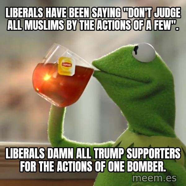 Kermit The Frog Drinking Tea meme: Liberals have been saying "don't judge all Muslims by the actions of a few". / Liberals damn all Trump Supporters for the actions of one bomber.