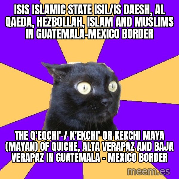Anxiety Cat meme: ISIS Islamic State ISIL/IS Daesh, Al Qaeda, Hezbollah, Islam and Muslims in Guatemala-Mexico Border / The Q'eqchi' / K'ekchi' or Kekchi Maya (Mayan) of Quiche, Alta Verapaz and Baja Verapaz in Guatemala - Mexico Border