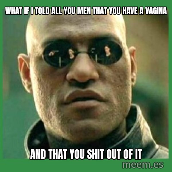 Matrix Morpheus meme: what if i told all you men that you have a vagina / and that you shit out of it
