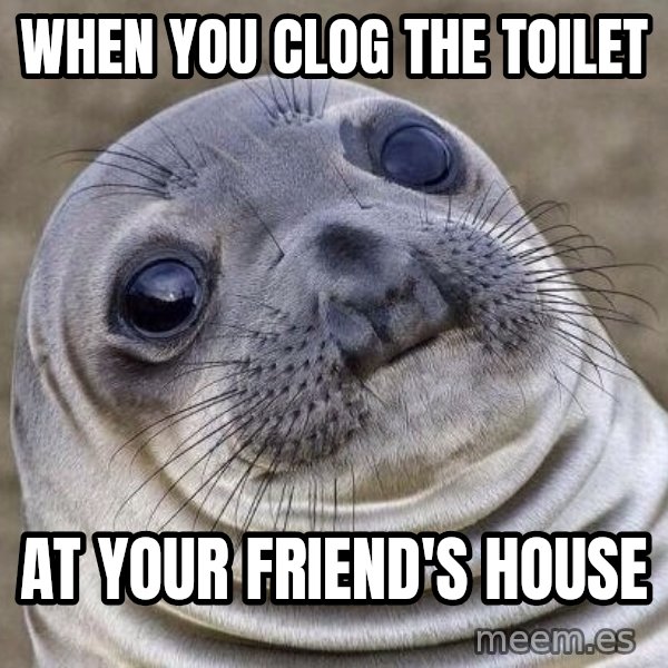 Awkward Seal meme: When you clog the toilet / at your friend's house