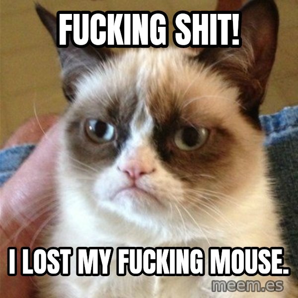 Grumpy Cat  meme: fucking shit! / i lost my fucking mouse.