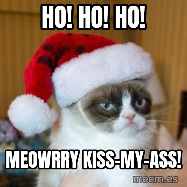 Grumpy Cat Santa Hat meme: Ho! Ho! Ho! / Meowrry kiss-my-ass!