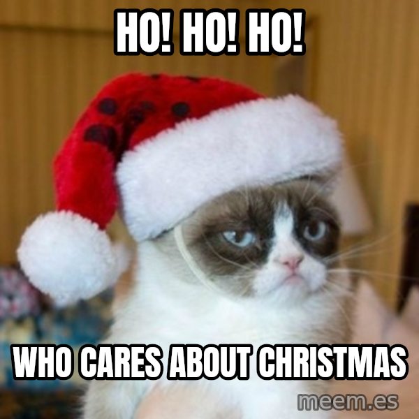Grumpy Cat Santa Hat meme: HO! HO! HO! / Who cares about Christmas
