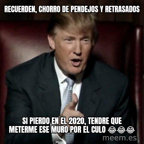 Donald Trump meme: RECUERDEN, CHORRO DE PENDEJOS Y RETRASADOS / SI PIERDO EN EL 2020, TENDRE QUE METERME ESE MURO POR EL CULO  😂😂😂