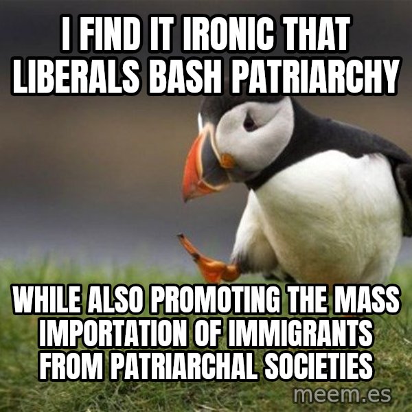 Unpopular Opinion Puffin meme: I find it ironic that liberals bash patriarchy / While also promoting the mass importation of immigrants from patriarchal societies