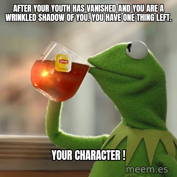 Kermit The Frog Drinking Tea meme: after your youth has vanished and you are a wrinkled shadow of you.  you have one thing left. / Your character !