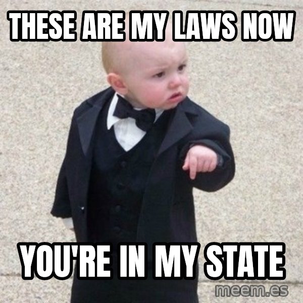 Mafia Baby meme: these are my laws now / you're in my state