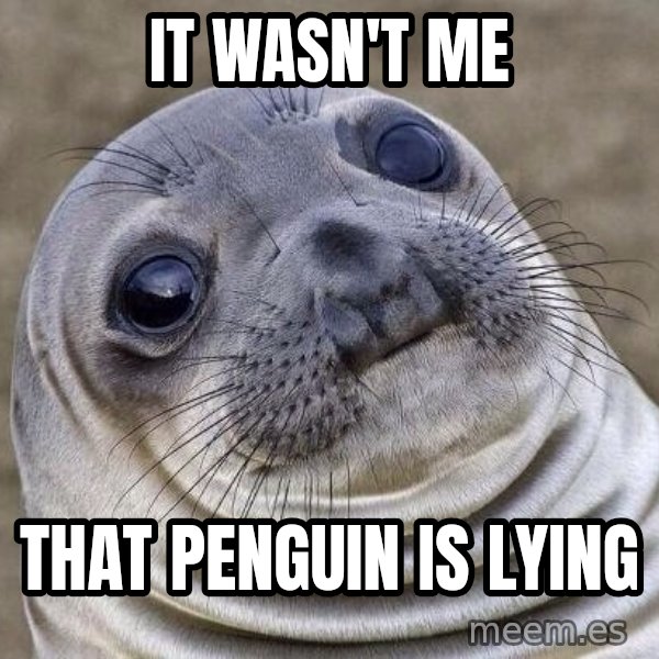 Awkward Seal meme: it wasn't me / that penguin is lying