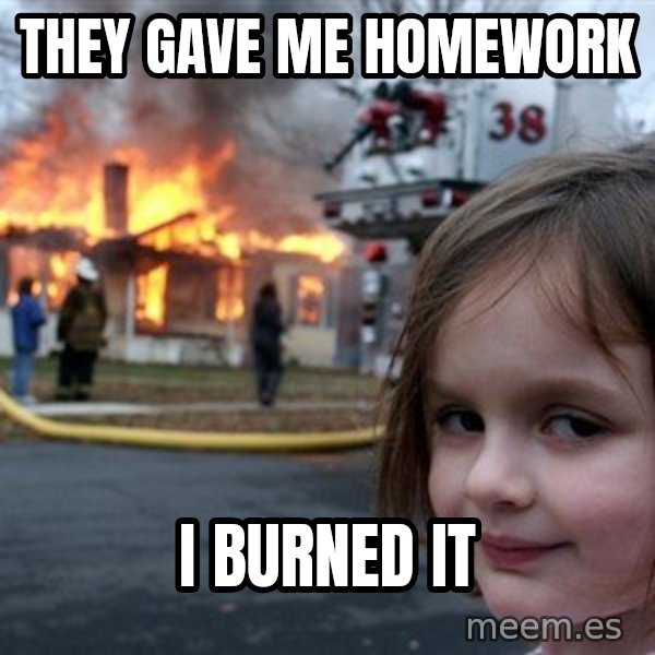 Disaster Girl meme: they gave me homework / i burned it
