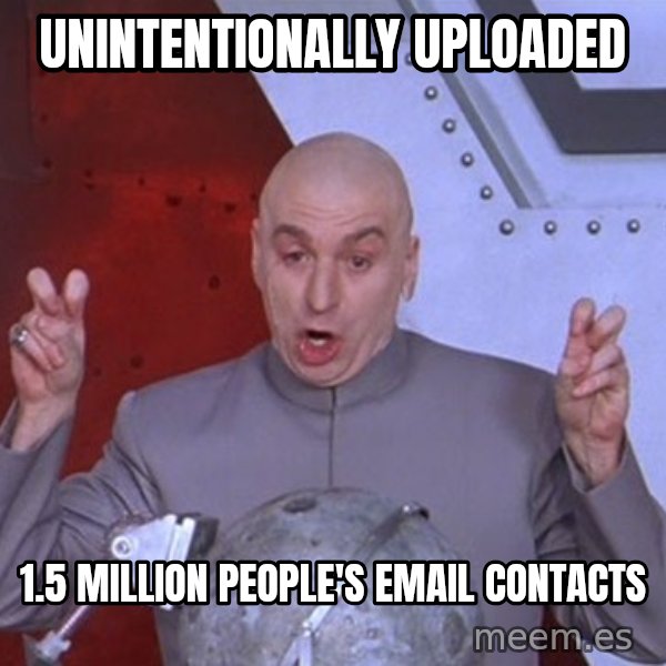 Dr. Evil Air Quotes meme: unintentionally uploaded / 1.5 million people's email contacts
