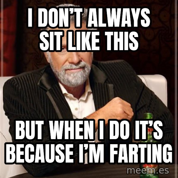The Most Interesting Man In The World meme: I don’t always sit like this / But when I do it’s because i’m Farting