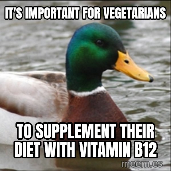 Actual Advice Mallard 1 meme: it's important for vegetarians / to supplement their diet with vitamin b12