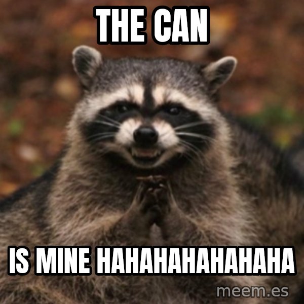 evil raccoon meme: the can / is mine hahahahahahaha