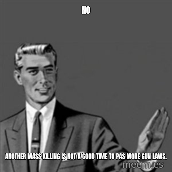 Correction Guy meme: No / Another mass killing is not a good time to pas more gun laws.