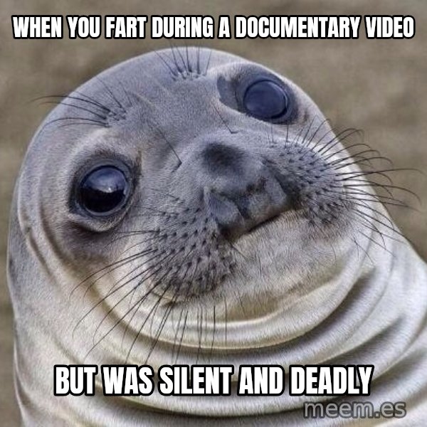 Awkward Seal meme: when you fart during a documentary video / but was silent and deadly