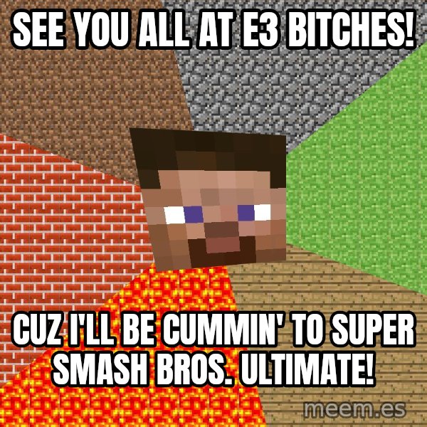 Minecraft Guy meme: See you all at E3 bitches! / Cuz I'll be cummin' to Super Smash Bros. Ultimate!