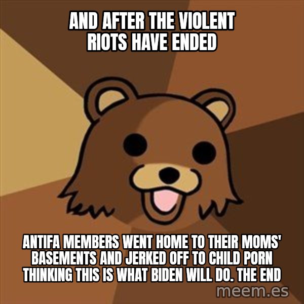 Pedobear meme: And after the violent riots have ended / Antifa members went home to their moms' basements and jerked off to child porn thinking this is what Biden will do.  The end