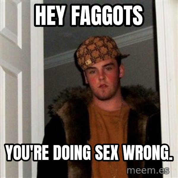 Scumbag Steve meme: Hey faggots / You're doing sex wrong.