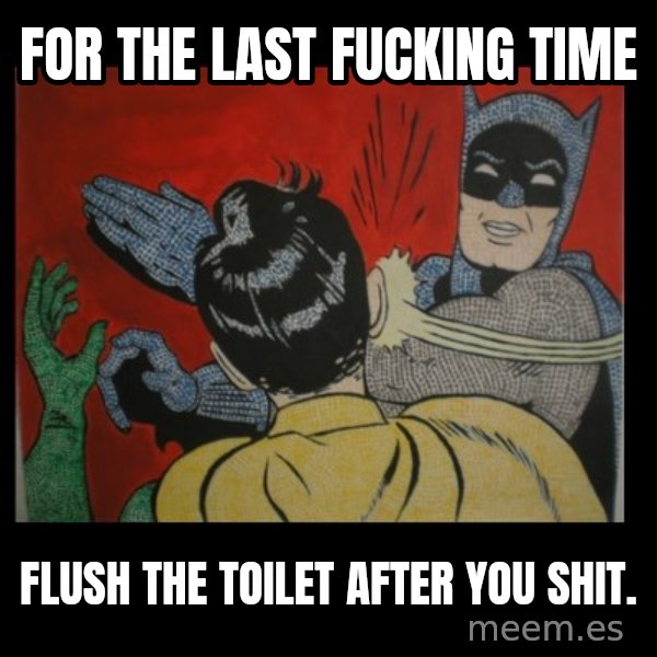 Batman Slappp meme: For the last fucking time / Flush the toilet after you shit.