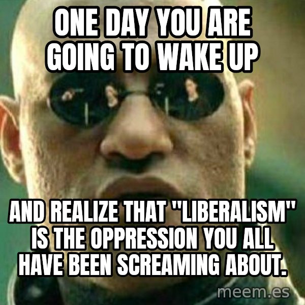 What If I Told You meme: One day you are going to wake up / And realize that "liberalism" is the oppression you all have been screaming about.