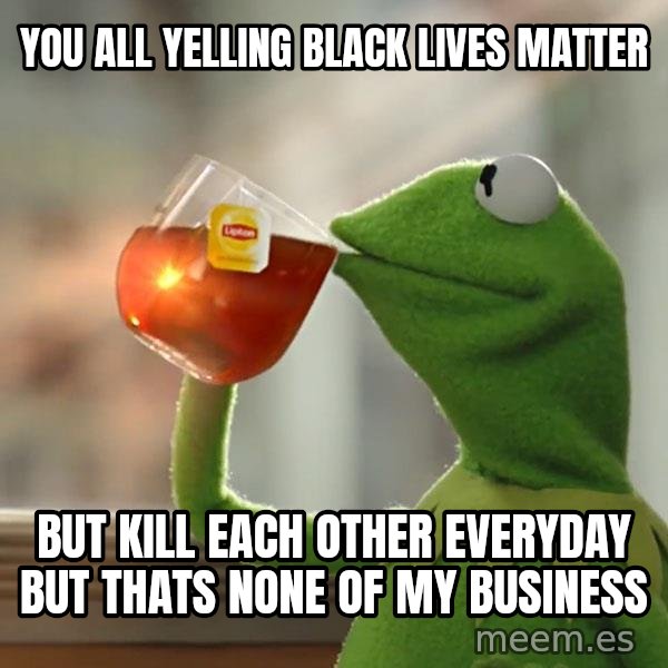 Kermit The Frog Drinking Tea meme: You all yelling black lives matter / but kill each other everyday but thats none of my business