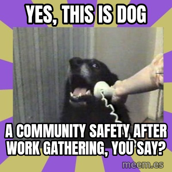 Yes, this is dog! meme: Yes, this is dog / A Community Safety after work gathering, you say?