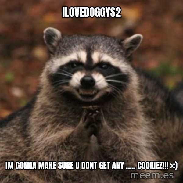 evil raccoon meme: Ilovedoggys2 / IM GONNA MAKE SURE U DONT GET ANY ..... COOKIEZ!!! >:)