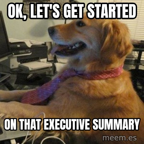 I have no idea what I'm doing - Dog with Tie meme: OK, Let's get started / on that executive summary