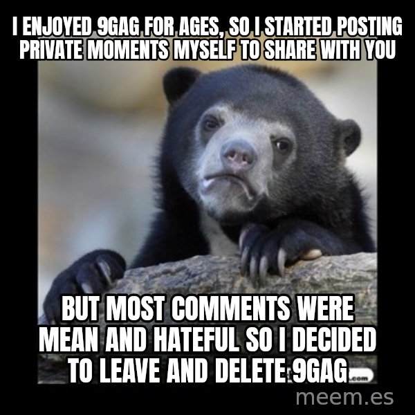 sad bear meme: I enjoyed 9GAG for ages, so I started posting private moments myself to share with you / But most comments were mean and hateful so I decided to leave and delete 9gag