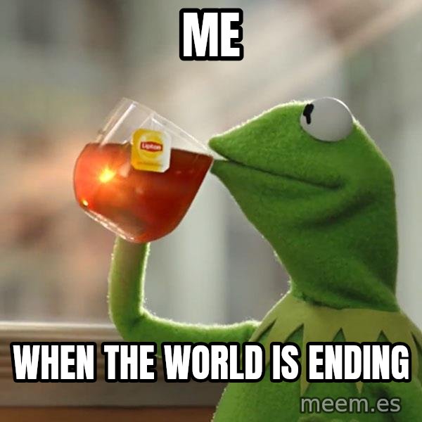Kermit The Frog Drinking Tea meme: me / when the world is ending