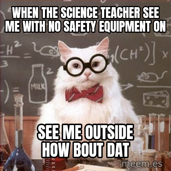 Science Cat meme: when the science teacher see me with no safety equipment on / see me outside how bout dat