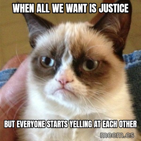 Grumpy Cat  meme: when all we want is justice / but everyone starts yelling at each other