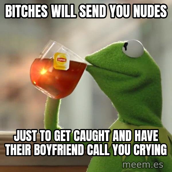 Kermit The Frog Drinking Tea meme: Bitches will send you nudes / Just to get caught and have their boyfriend call you crying