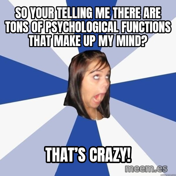 Annoying Facebook Girl meme: So your telling me there are tons of psychological functions that make up my mind? / That’s crazy!