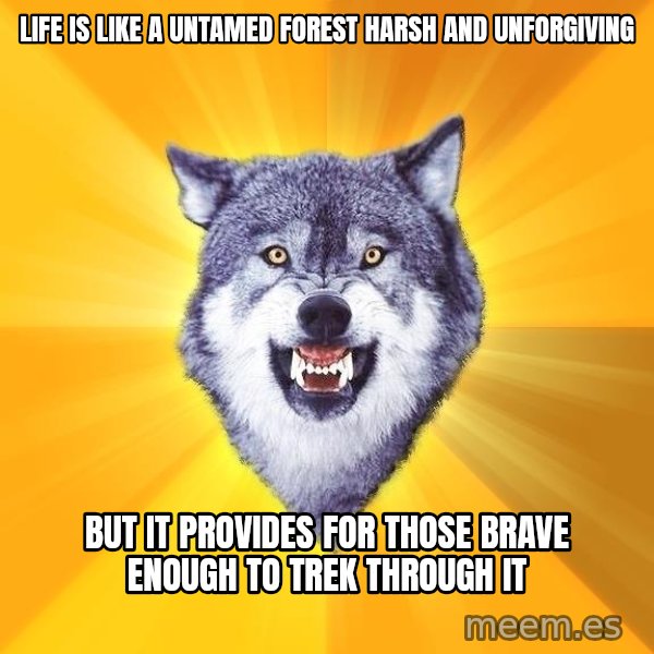 Courage Wolf meme: life is like a untamed forest harsh and unforgiving / but it provides for those brave enough to trek through it