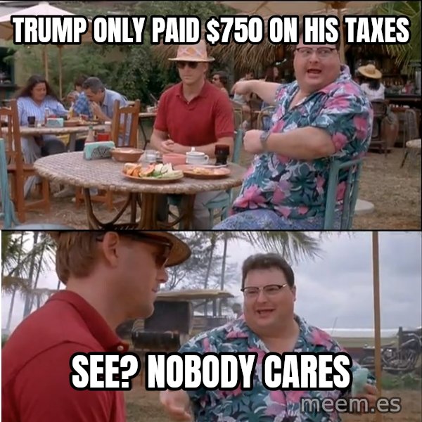 See? Nobody Cares meme: Trump only paid $750 on his taxes / See? Nobody cares