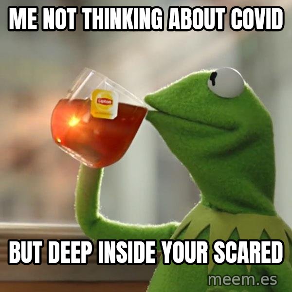 Kermit The Frog Drinking Tea meme: me not thinking about covid / but deep inside your scared
