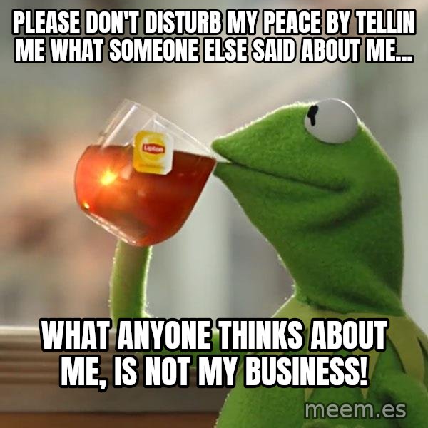 Kermit The Frog Drinking Tea meme: PLEASE DON'T DISTURB MY PEACE BY TELLIN ME WHAT SOMEONE ELSE SAID ABOUT ME... / WHAT ANYONE THINKS ABOUT ME, IS NOT MY BUSINESS!