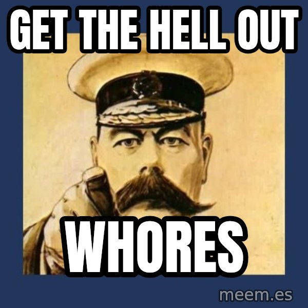 your country needs you meme: get the hell out / whores