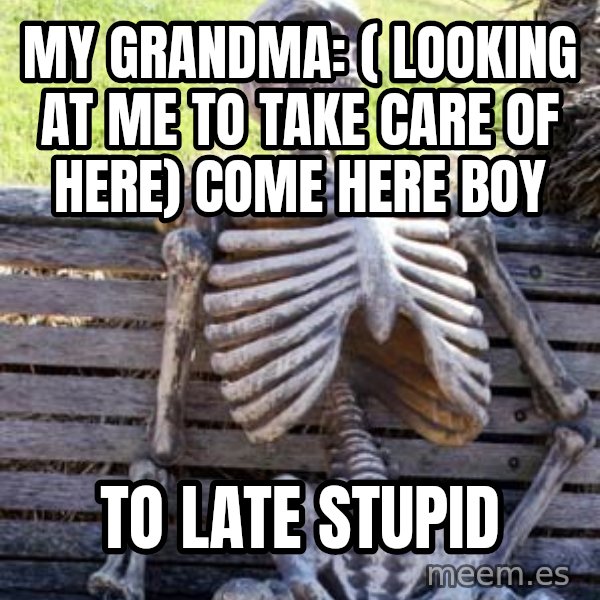 Waiting Skeleton meme: My grandma: ( looking at me to take care of here) come here boy / To late stupid