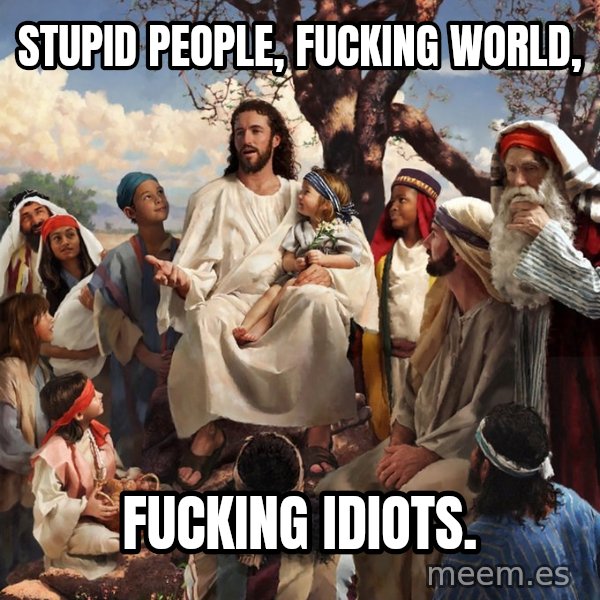 storytime jesus meme: Stupid people, fucking world, / fucking idiots.