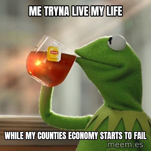 Kermit The Frog Drinking Tea meme: me tryna live my life / while my counties economy starts to fail