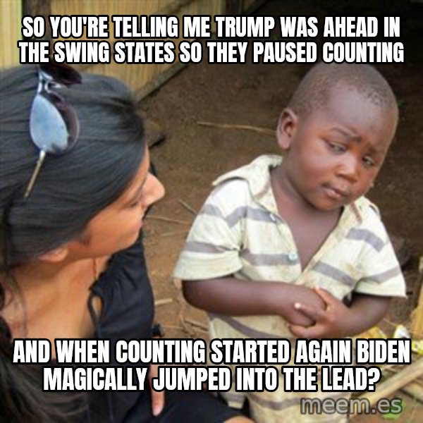 Skeptical 3rd World Kid meme: So you're telling me Trump was ahead in the swing states so they paused counting / and when counting started again Biden magically jumped into the lead?