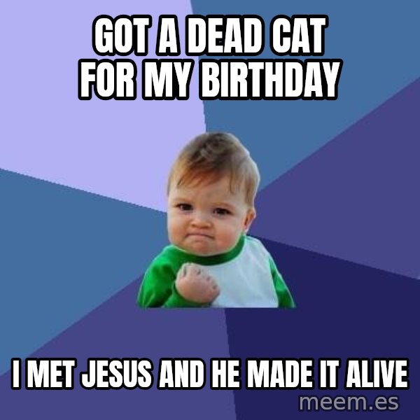 Success Kid meme: Got a dead cat for my birthday / I met Jesus and he made it alive