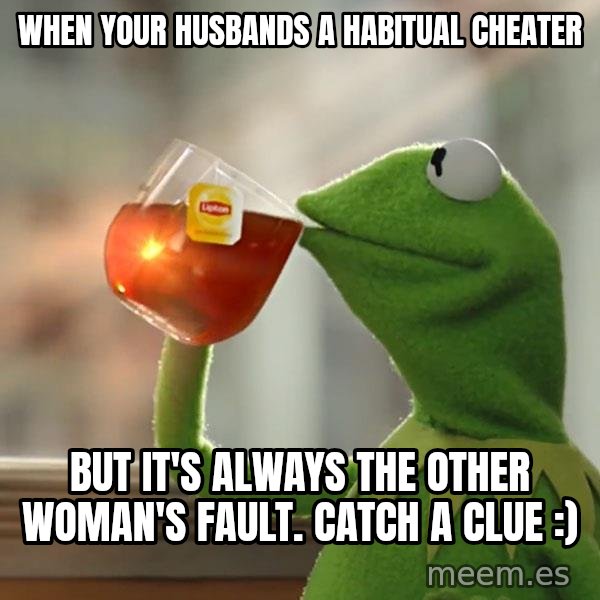 Kermit The Frog Drinking Tea meme: When your husbands a habitual cheater / but it's always the other woman's fault. catch a clue :)
