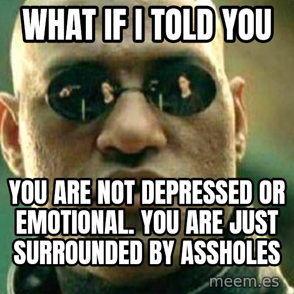 What If I Told You meme: What if I told you / You are not depressed or emotional. You are just surrounded by assholes