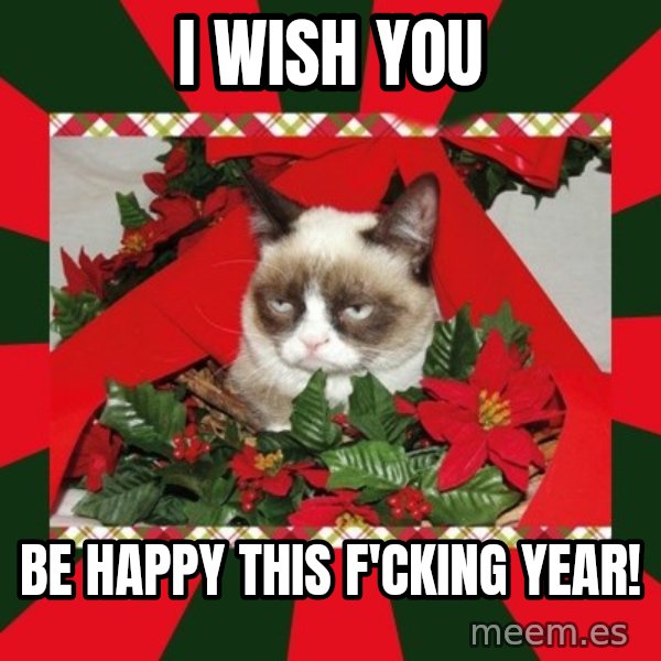 GRUMPY CAT ON CHRISTMAS meme: I wish you / Be happy this f'cking year!